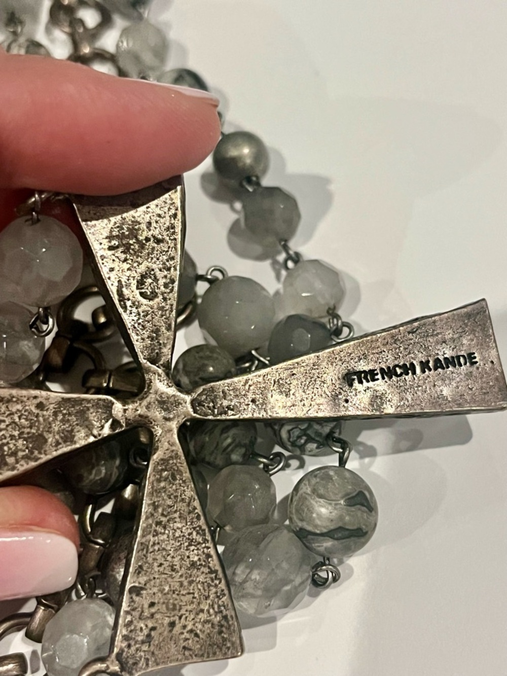 New Silver-Tone Beaded Cross Necklace French Kande 16 in. - Picture 3 of 5
